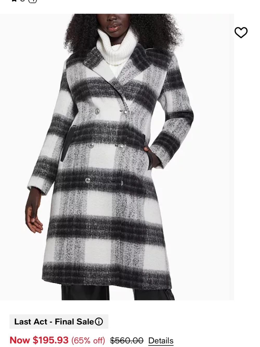 Guess Black & White Double-Breasted Plaid Pea Coat